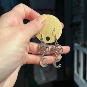 Silver Pentagram & Crescent Moon Dangle Earrings - Feminine Gothic Jewelry